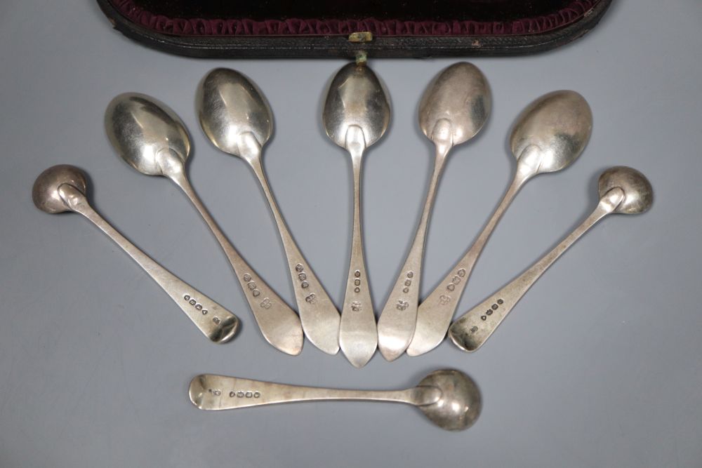 Three Victorian silver beaded old English pattern salt spoons and five other spoons, together with a childs silver spoon and fork (10)